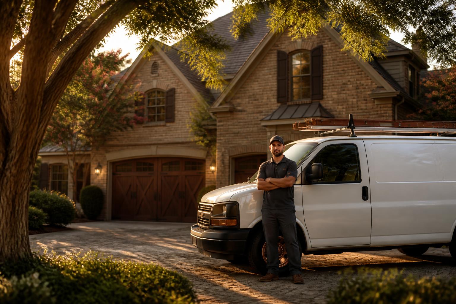 Southern brick home with a modern carriage-style garage door in Evans, GA at golden hour, with a Savannah Rapids Garage Door Repair technician and service truck